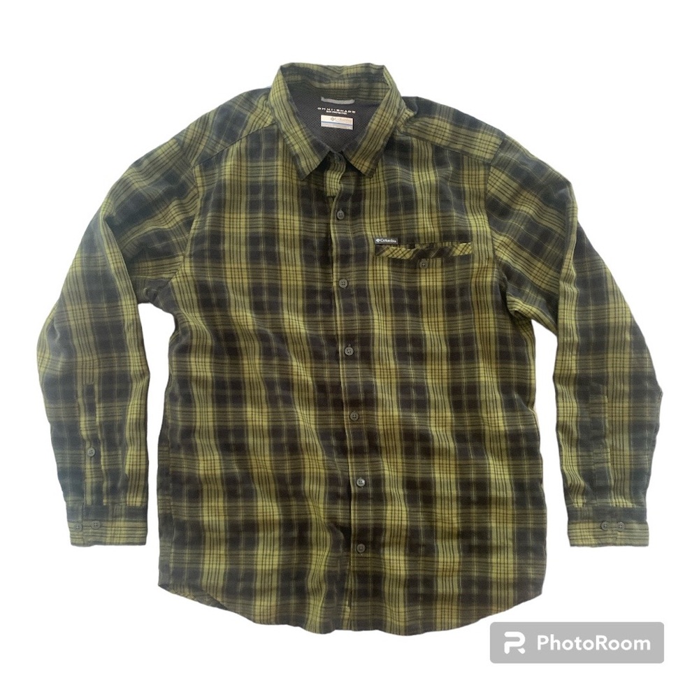 Columbia Men's Large Omni Shade Fishing Shirt Long Sleeve Green Plaid hiking